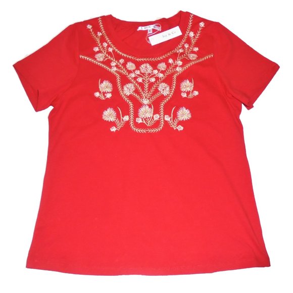 Top Embroidered Beaded Red T-Shirt short sleeve cotton blend SMALL size - Picture 1 of 6